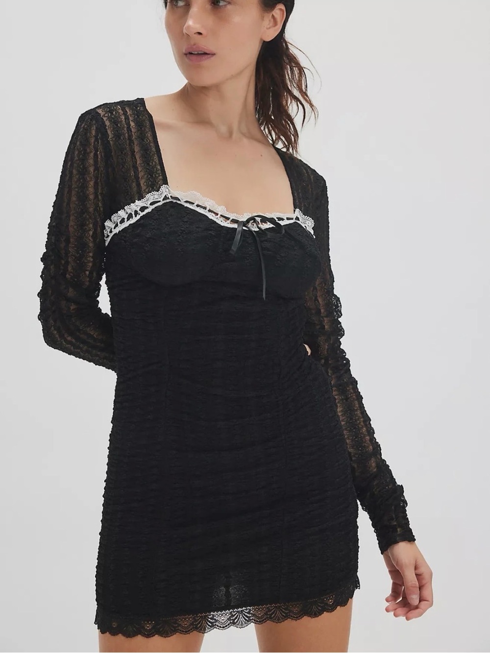LoveShackFancy Evangelina Black Lace Long-Sleeve Mini Dress with White Trim